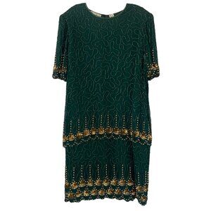 Laurence Kazar 2X Silk Beaded Vintage Cocktail Flapper Dress 80's Green Gold NWT